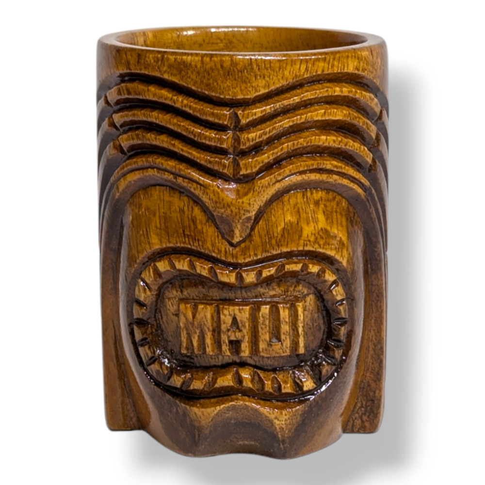 Vintage MAUI Hand Carved Wood Tiki Face Cup Mug Hawaii 5" Tall